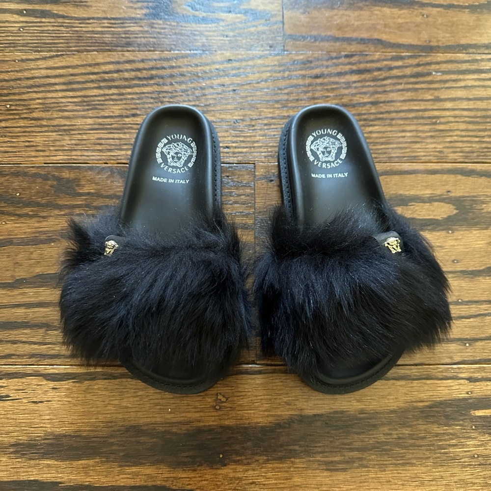 Young Versace Faux Fur Slides
